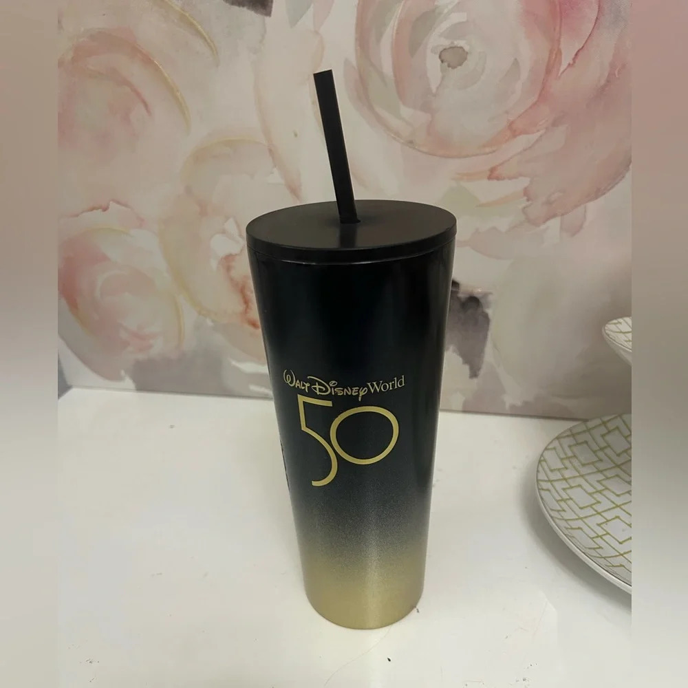Walt Disney World 50th Anniversary Starbucks Tumbler Cup Mug Black and Gold
